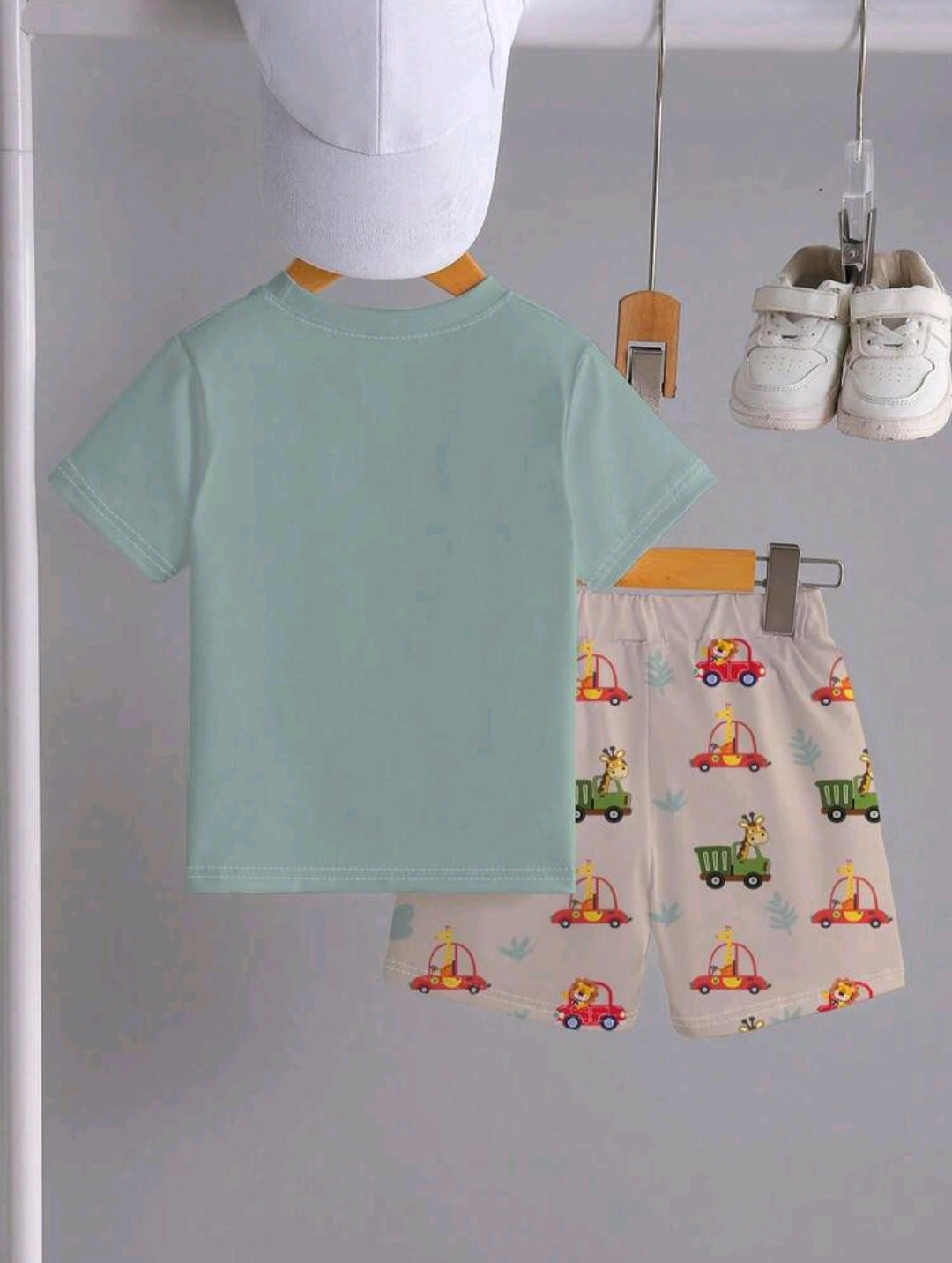 Baby Boy Cartoon Car & Animal Print T-Shirt & Shorts 2pcs Set