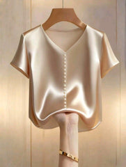 Women V-Neck Pearl Decor Satin Top – Elegant Short Sleeve Blouse