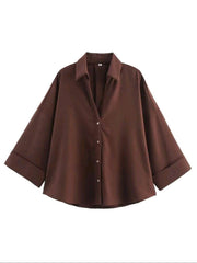 Women Brown Turndown Collar Button-Up Casual Long Sleeve Shirt