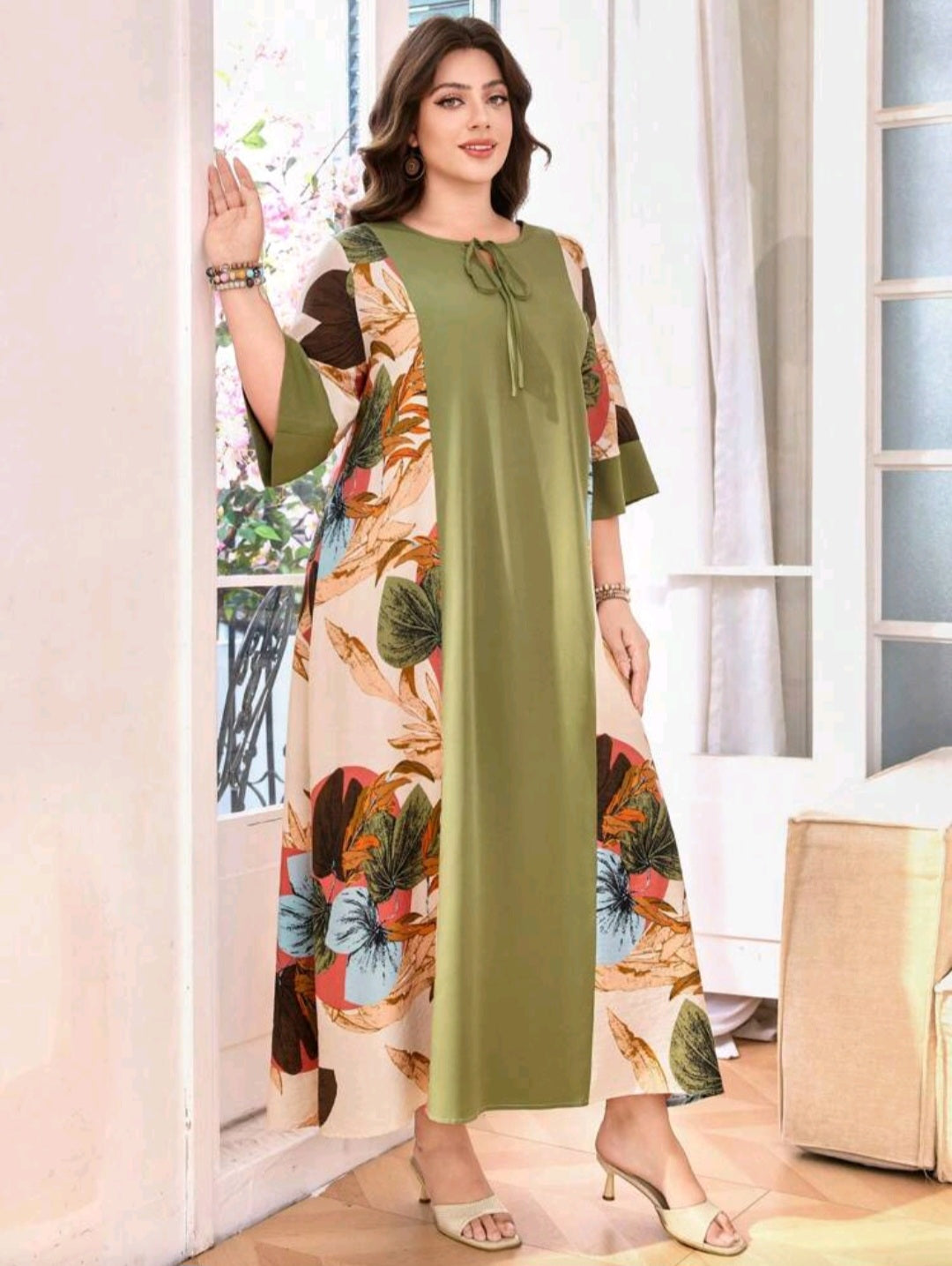 Tie-Waist Patchwork 3/4 Sleeve Casual Maxi Dress