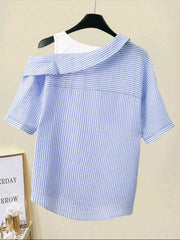 Women Blue & White Striped Short Sleeve Casual Blouse