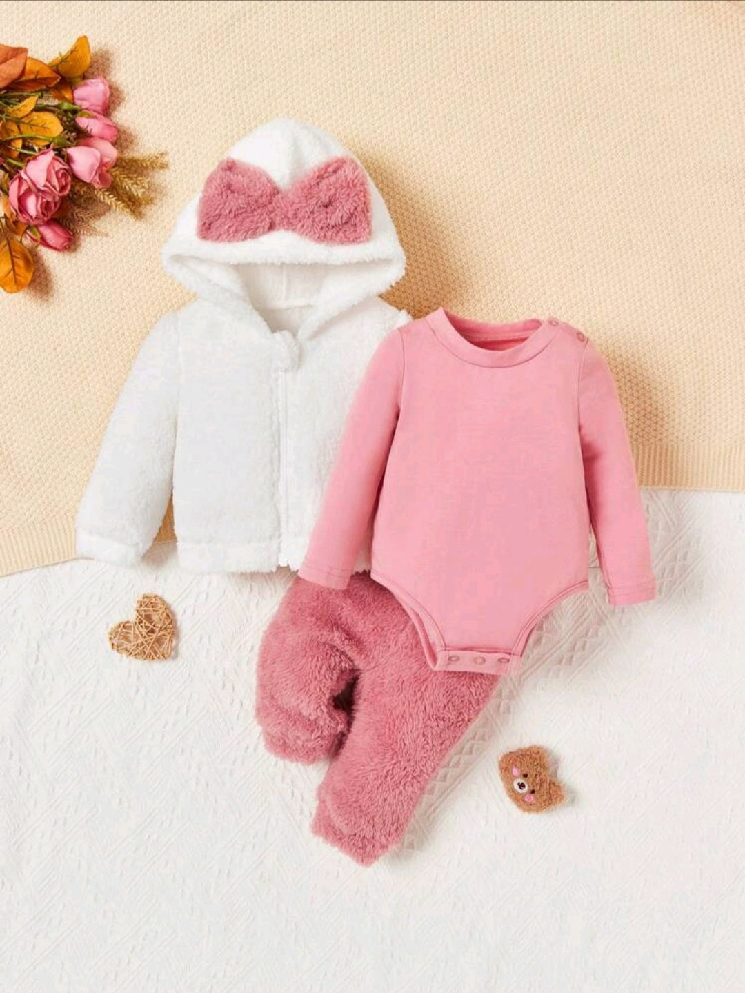 Newborn Baby Girl Fuzzy Bow 3-Piece Set