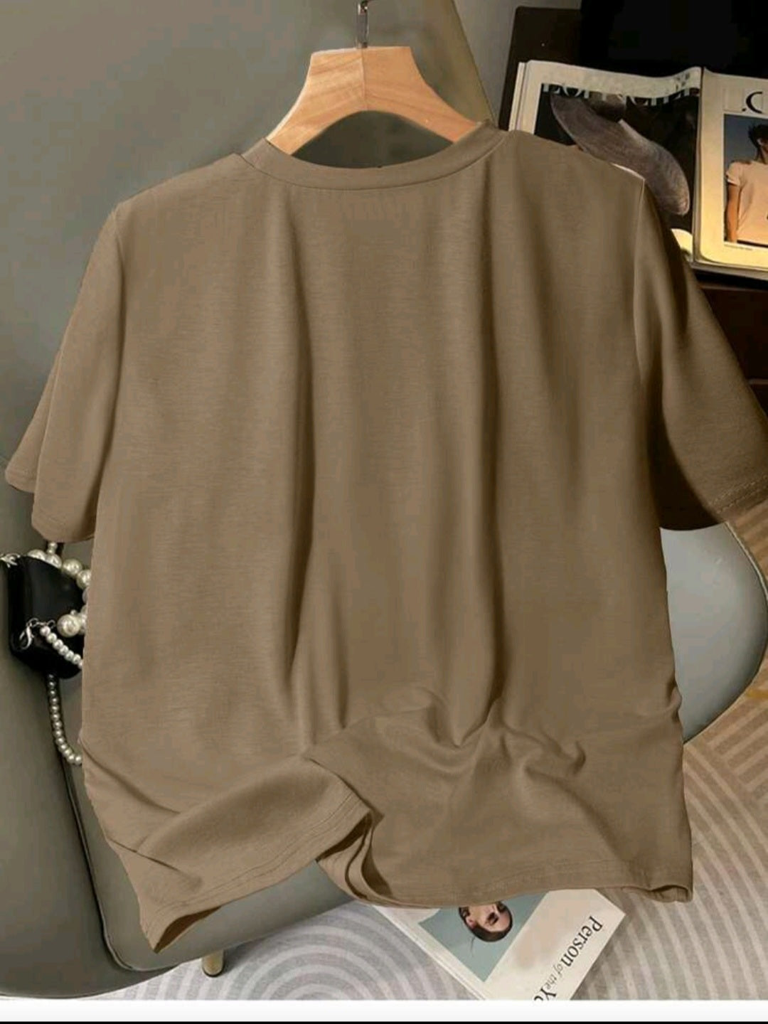 Women Khaki Knitted Bow Front Round Neck Casual T-Shirt