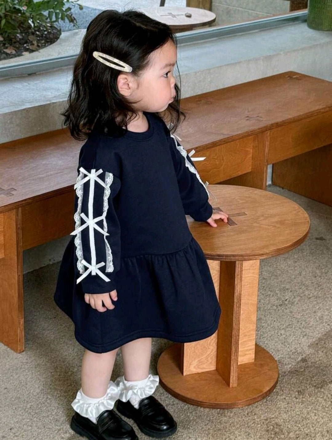 Round Neck Solid Color Fleece Stripe Bow Decor Mid-Length Dress