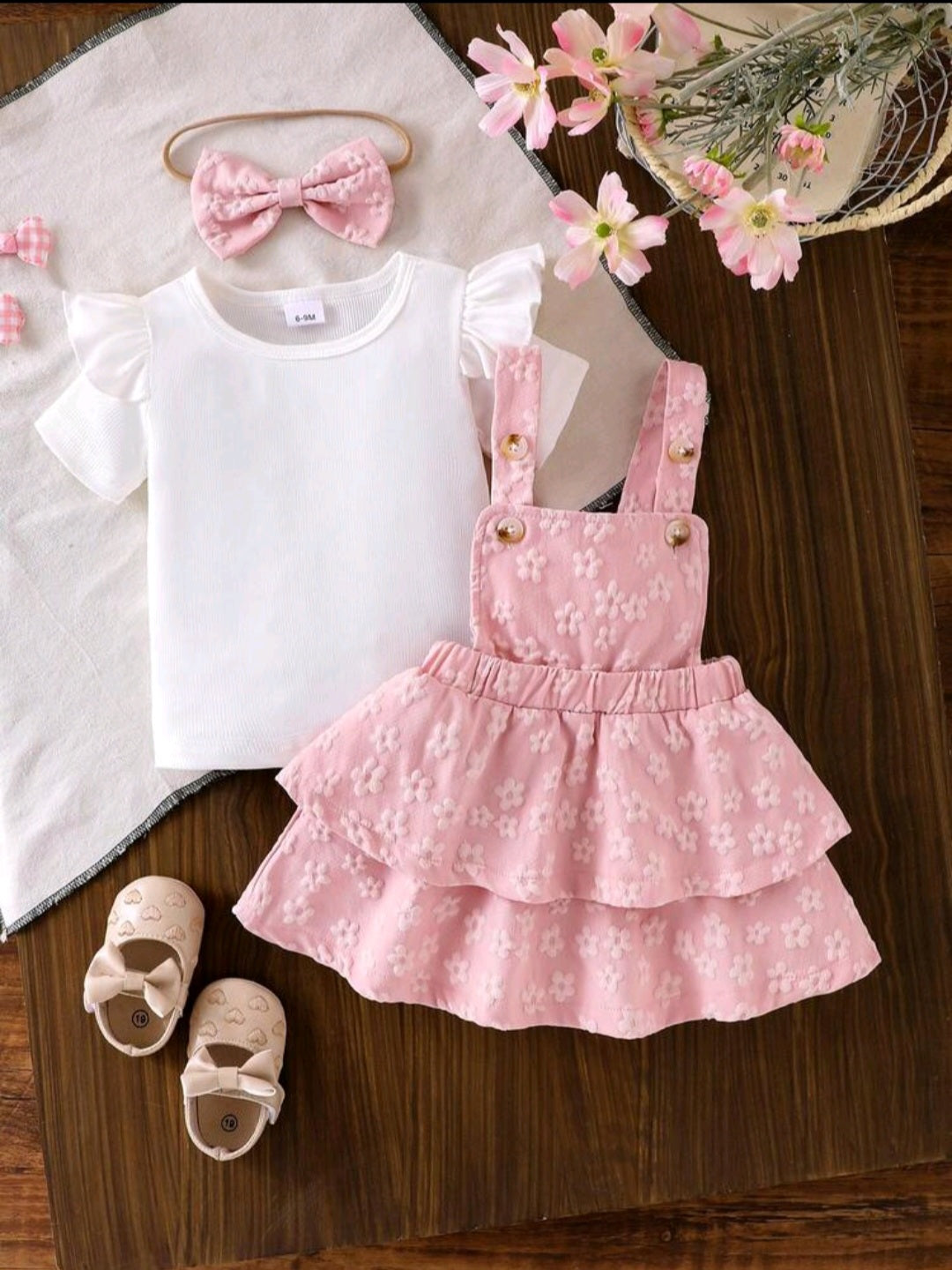 3-Piece Baby Girl Suspender Dress Set (yellow and Pink)