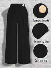 Faux Denim Wrap Waist Wide-Leg Pants