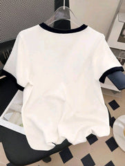 Plus Size Women B&W 3D Floral Embellishment T-Shirt
