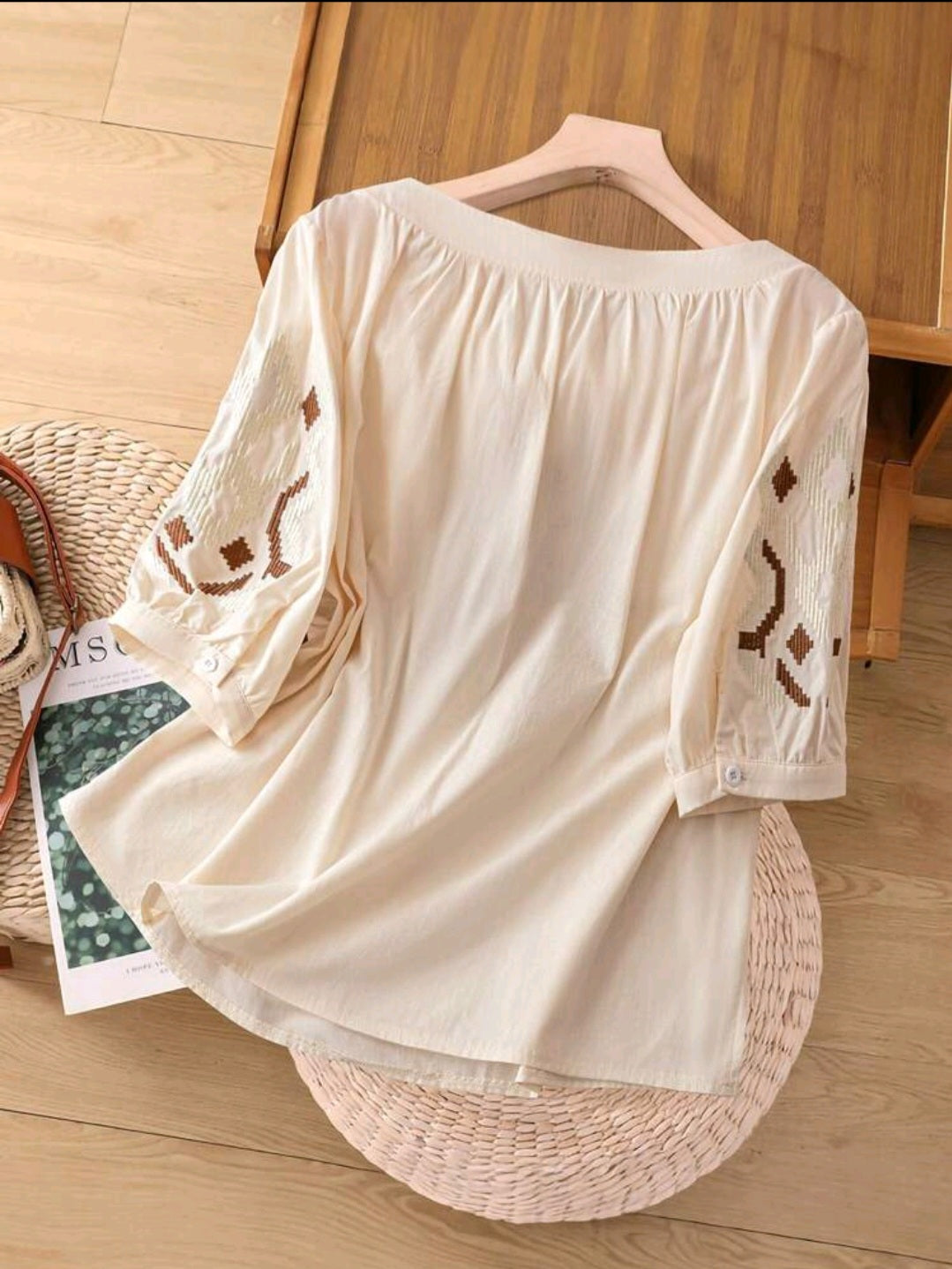 Heavy Embroidered Crew Neck Casual Shirt for Women