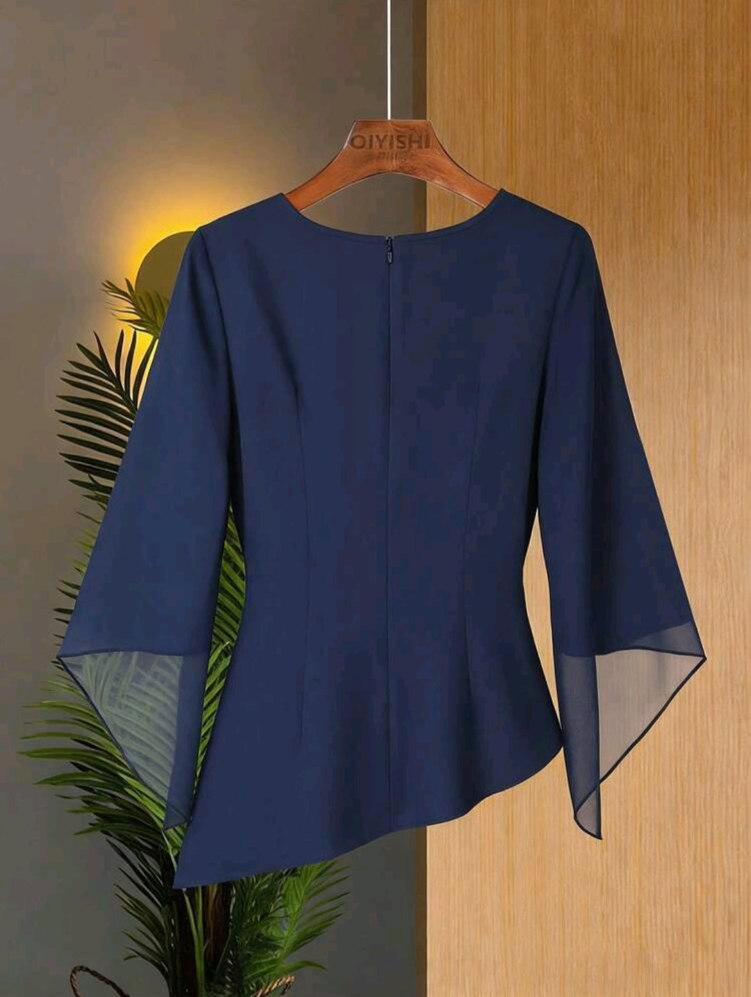 Women Flowy Navy Blue Butterfly Sleeve Waist Cinched Top