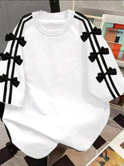 Women White and Black Bowknots Short Sleeve T-Shirt