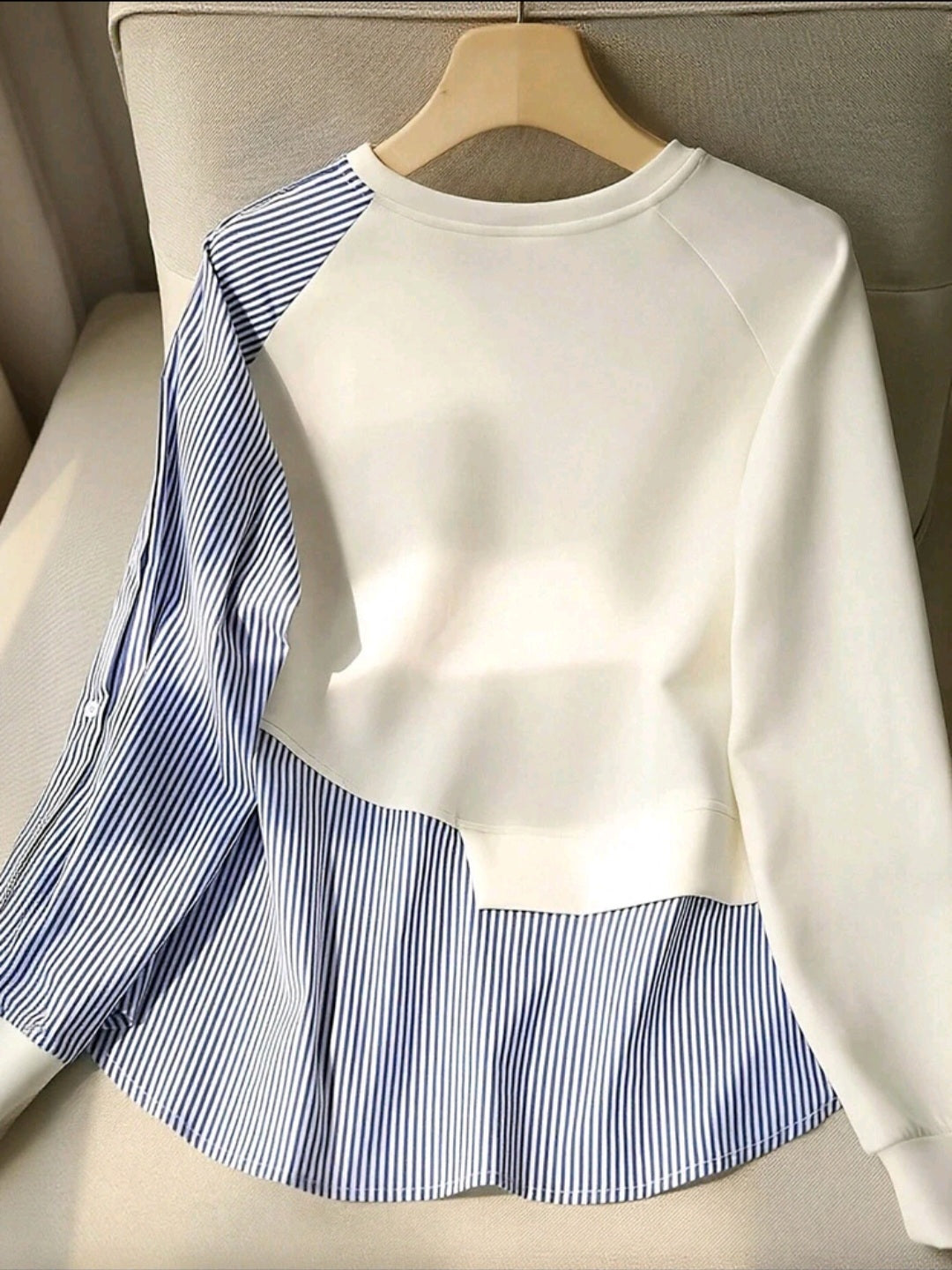 Women Striped Patchwork Contrast Color Ribbed Button Casual Top