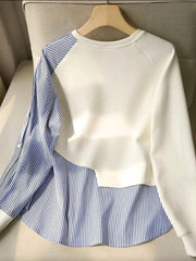 Women Striped Patchwork Contrast Color Ribbed Button Casual Top