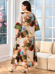 Tie-Waist Patchwork 3/4 Sleeve Casual Maxi Dress