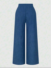 Faux Denim Wrap Waist Wide-Leg Pants