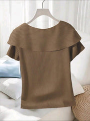 Women’s Brown Asymmetric Bow Decor Casual T-Shirt