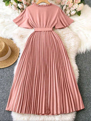 Women Tie-Up Bow Pleated Maxi Dress
