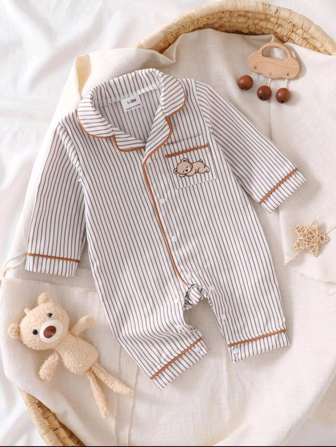 Newborn Baby Boy Bear Striped Jumpsuit