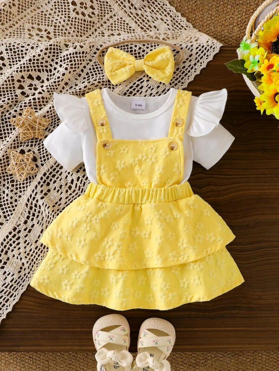 3-Piece Baby Girl Suspender Dress Set (yellow and Pink)