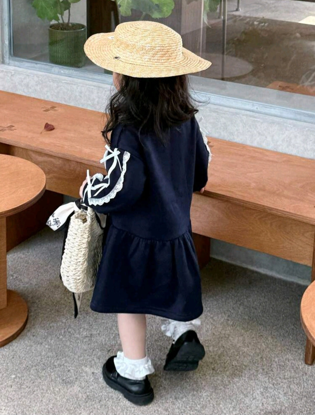 Round Neck Solid Color Fleece Stripe Bow Decor Mid-Length Dress