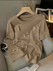 Women Khaki Knitted Bow Front Round Neck Casual T-Shirt