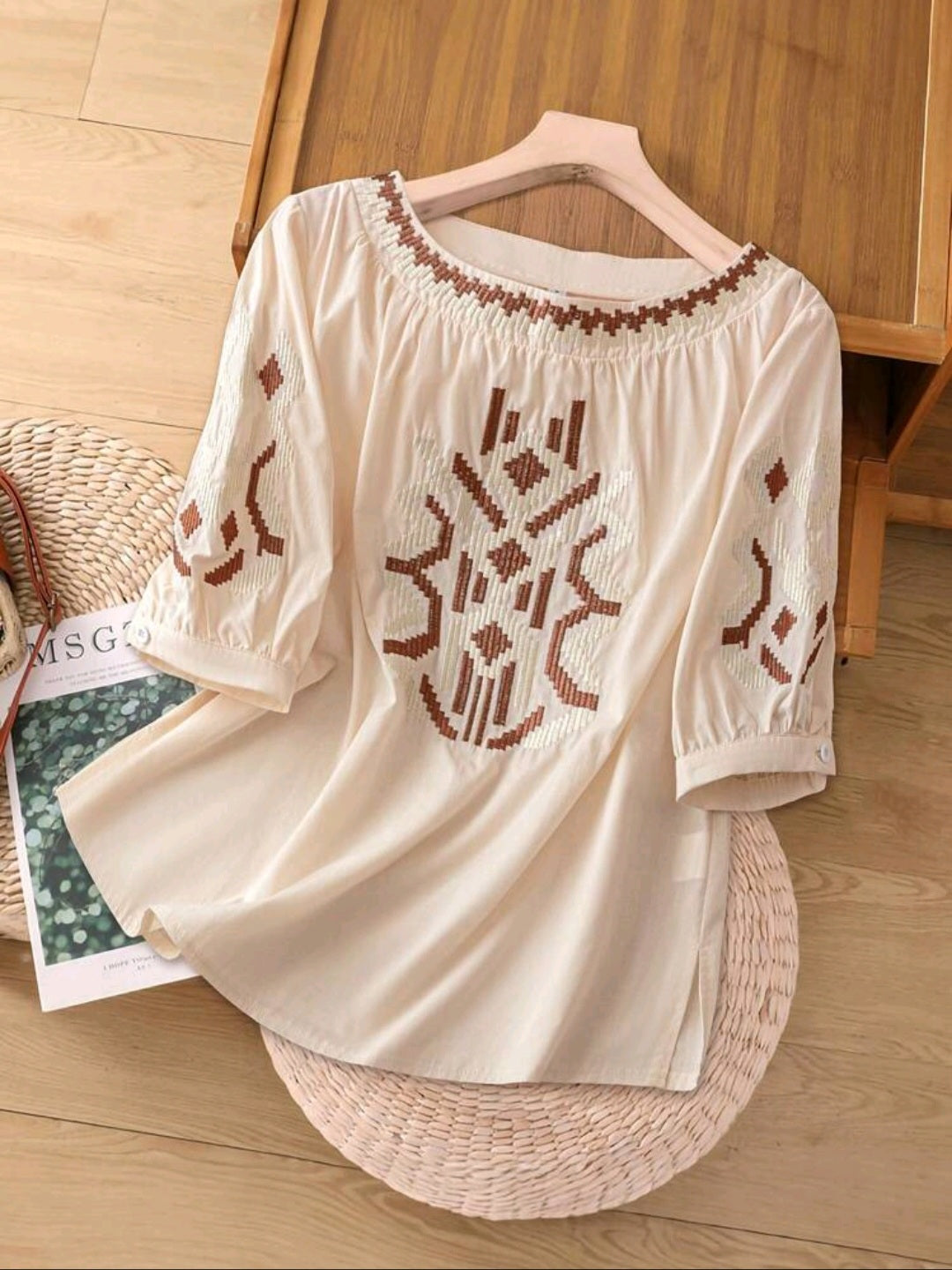 Heavy Embroidered Crew Neck Casual Shirt for Women