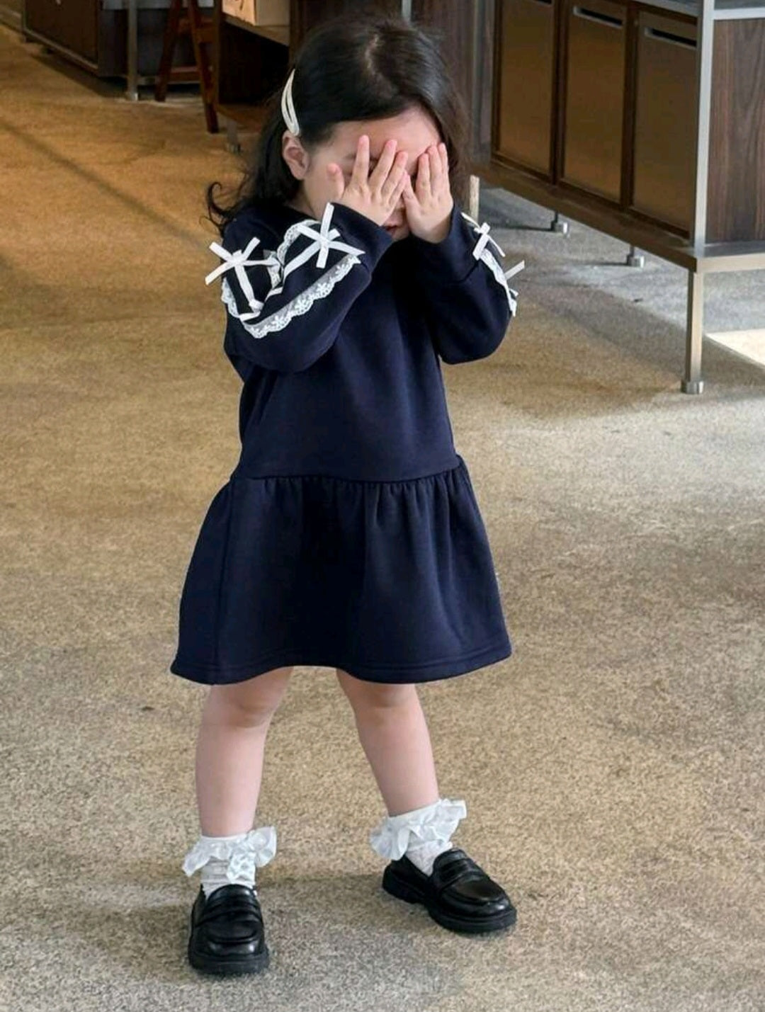 Round Neck Solid Color Fleece Stripe Bow Decor Mid-Length Dress