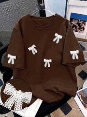 Bow Decor Plus Size Women Round Neck Short Sleeve T-Shirt