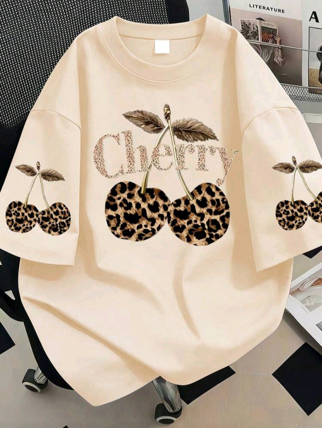 Plus Size Women Leopard Cherry Print Casual Loose Short Sleeve T-Shirt