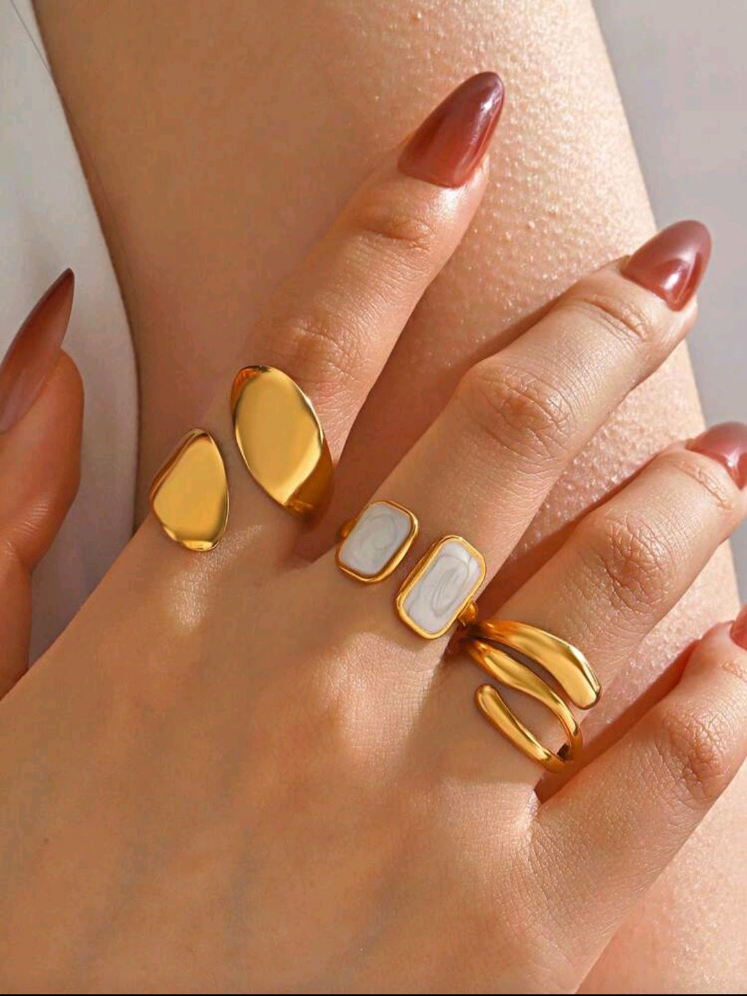 3pcs Stainless Steel 18K Gold-Plated Geometric Open Ring Jewelry Set