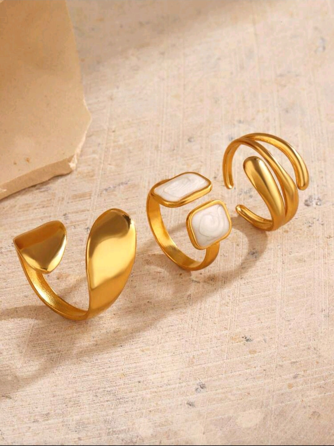 3pcs Stainless Steel 18K Gold-Plated Geometric Open Ring Jewelry Set