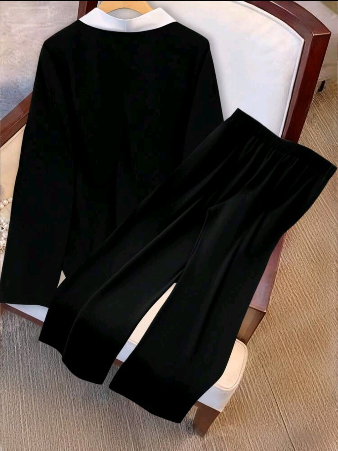 Women Contrast Color Knot Collar Top & Pants 2pcs Set