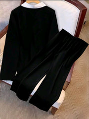 Women Contrast Color Knot Collar Top & Pants 2pcs Set