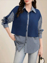 Women Vertical Stripes Color Block Casual Shirt
